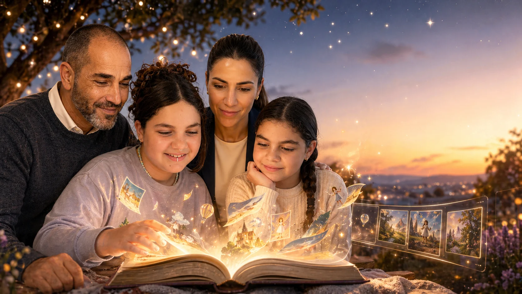 משפחה שקוראת ספר ילדים מאויר עם AI מתחת לשמיים מלאי כוכבים
