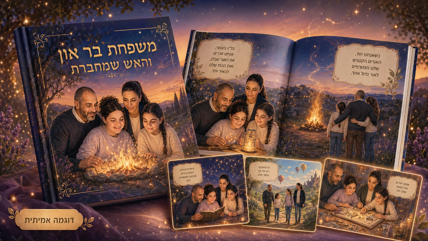 הספר 'משפחת בר און והאש שמחברת' פתוח עם דוגמאות לעמודים מאוירים