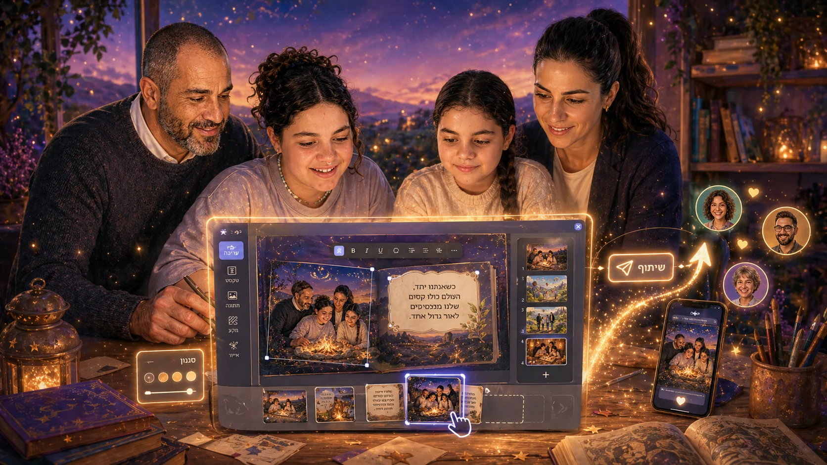 משפחה עורכת ומשתפת את ספר הילדים בתוך Canvas של Google