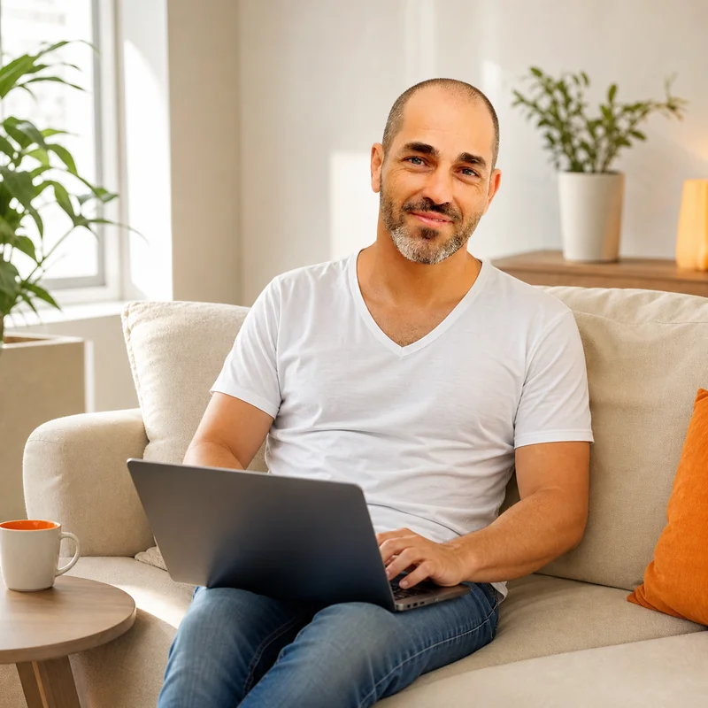 שגיא יושב על ספה עם לפטופ פתוח, מקליד שאלה ב-Chat