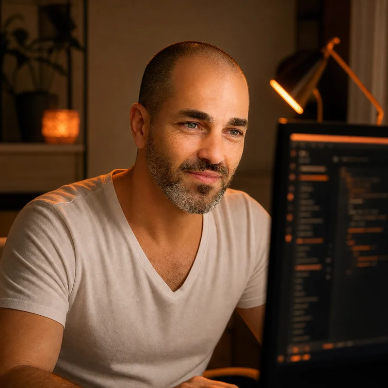 שגיא מול מסך עם קוד ב-IDE כהה, תאורת מנורה כתומה