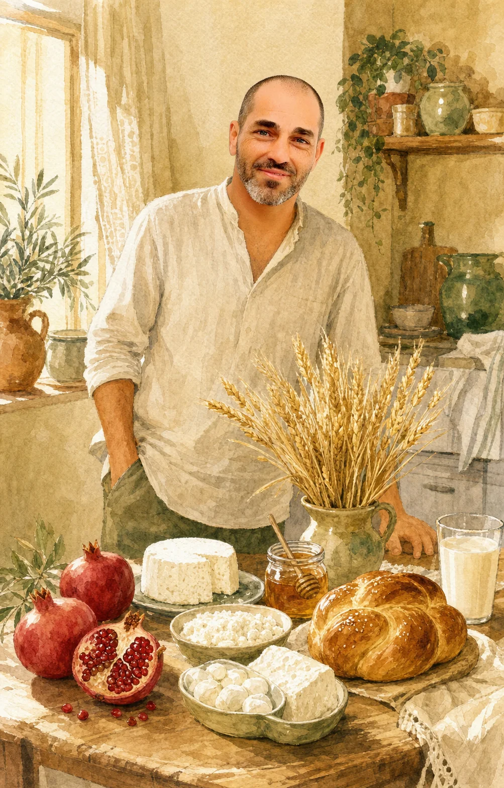 שגיא בר־און ליד שולחן שבועות עם גבינות, רימונים, חלה ושיבולים